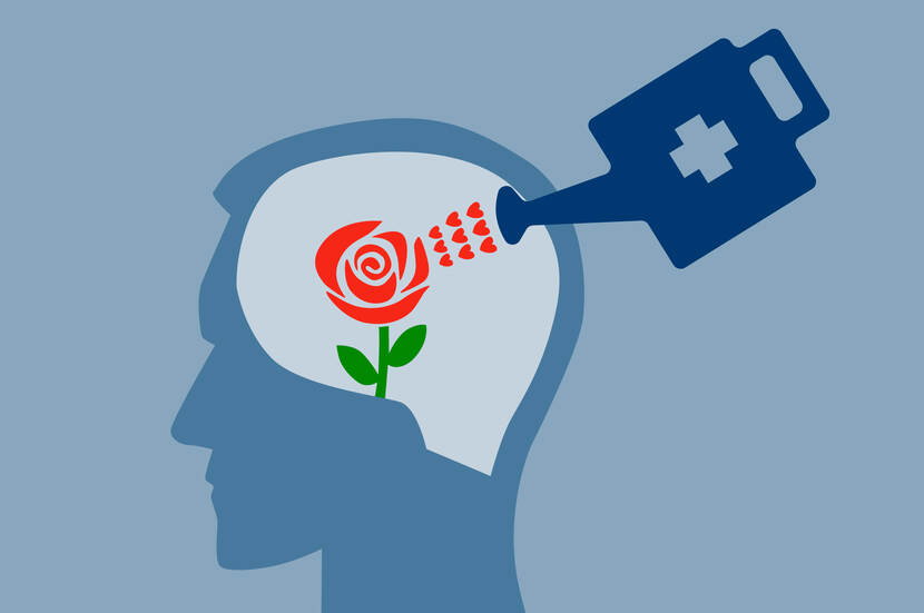 Een illustratie waarop een brein staat dat door middel van een gieter water krijgt.