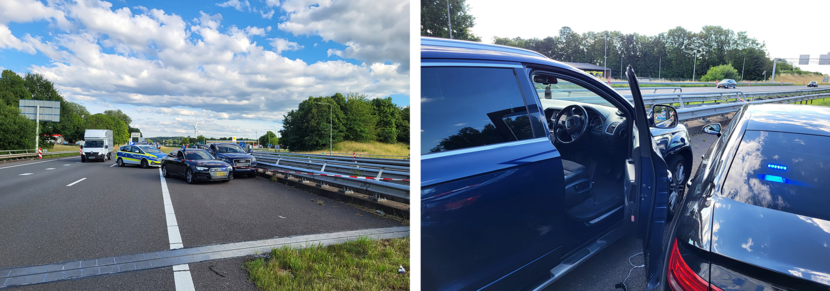 Marechaussee heeft vluchtauto klemgereden tegen de vangrail. Rechts de auto van de Marechaussee die vluchtauto (links) in vangrail heeft gedrukt.