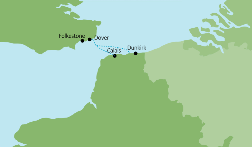 Kaartje van de tocht die vluchtelingen maken van Frankrijk naar Engeland.