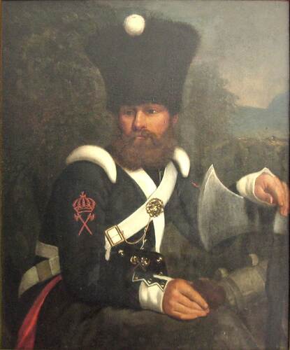 Schilderij van een sappeur met baard uit de negentiende eeuw.