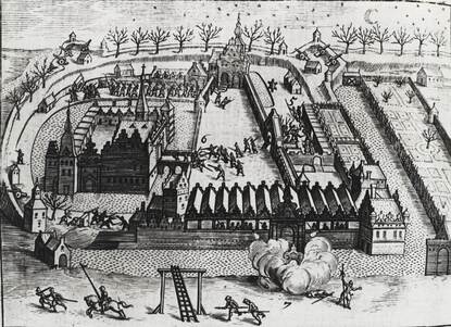 Gravure met daarop soldaten die een kasteel binnenvallen.