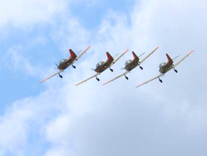 Historische vliegtuigen synchroon in de lucht en een piloot in zijn cockpit.