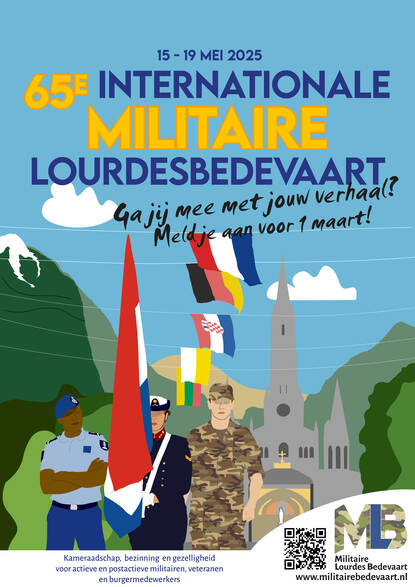 Poster van de bedevaart, met 3 getekende militairen met vlag, tegen de achtergrond van een kerk.