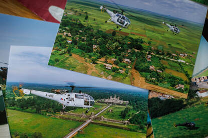 Overzichtsfoto’s van Alouettes die over tempelcomplex Angkor Wat in Cambodja vlogen.