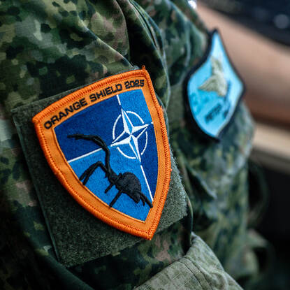 Militair embleem op schouder.