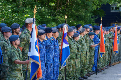 Een rij militairen in de houding, waar bij enkelen een vlag vasthouden.