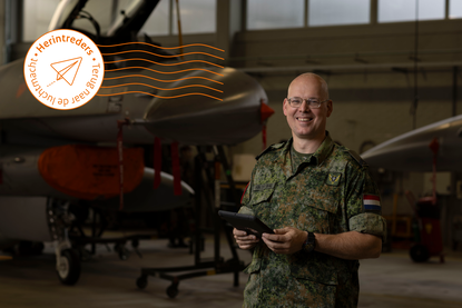 Korporaal 1 Siger van der Wal poseert voor F-16’s in de opleidingshangaar.